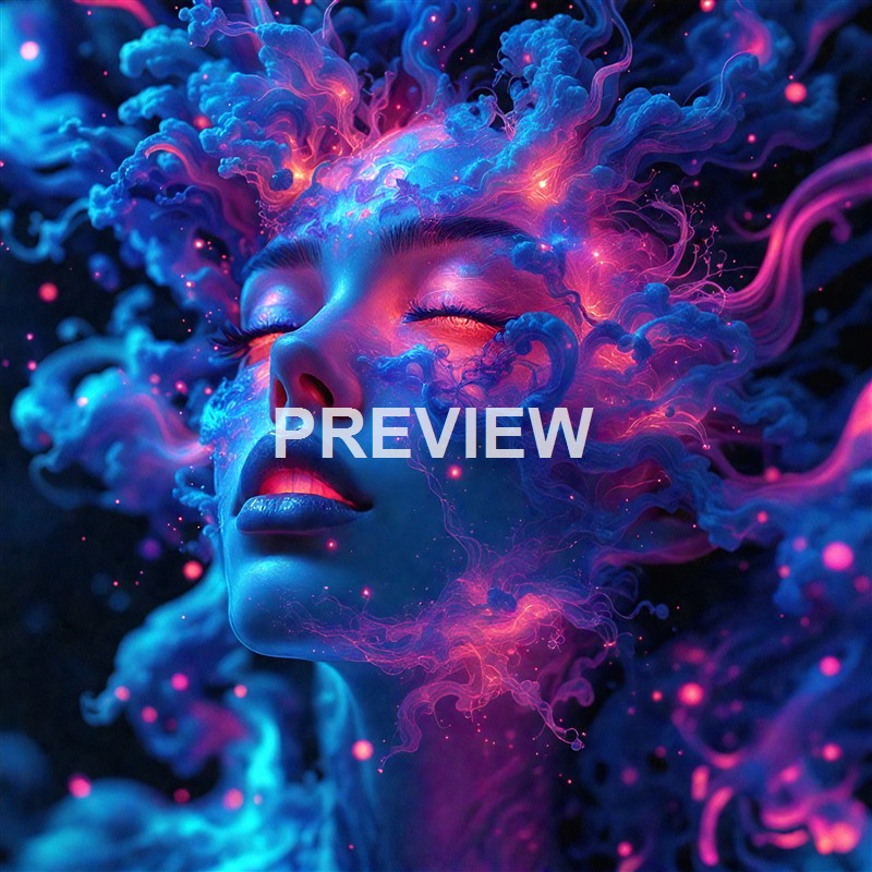 A digitally created image of a woman's face with closed eyes, surrounded by swirling, luminous tendrils of blue, pink, and purple light that resemble cosmic or neural energy.